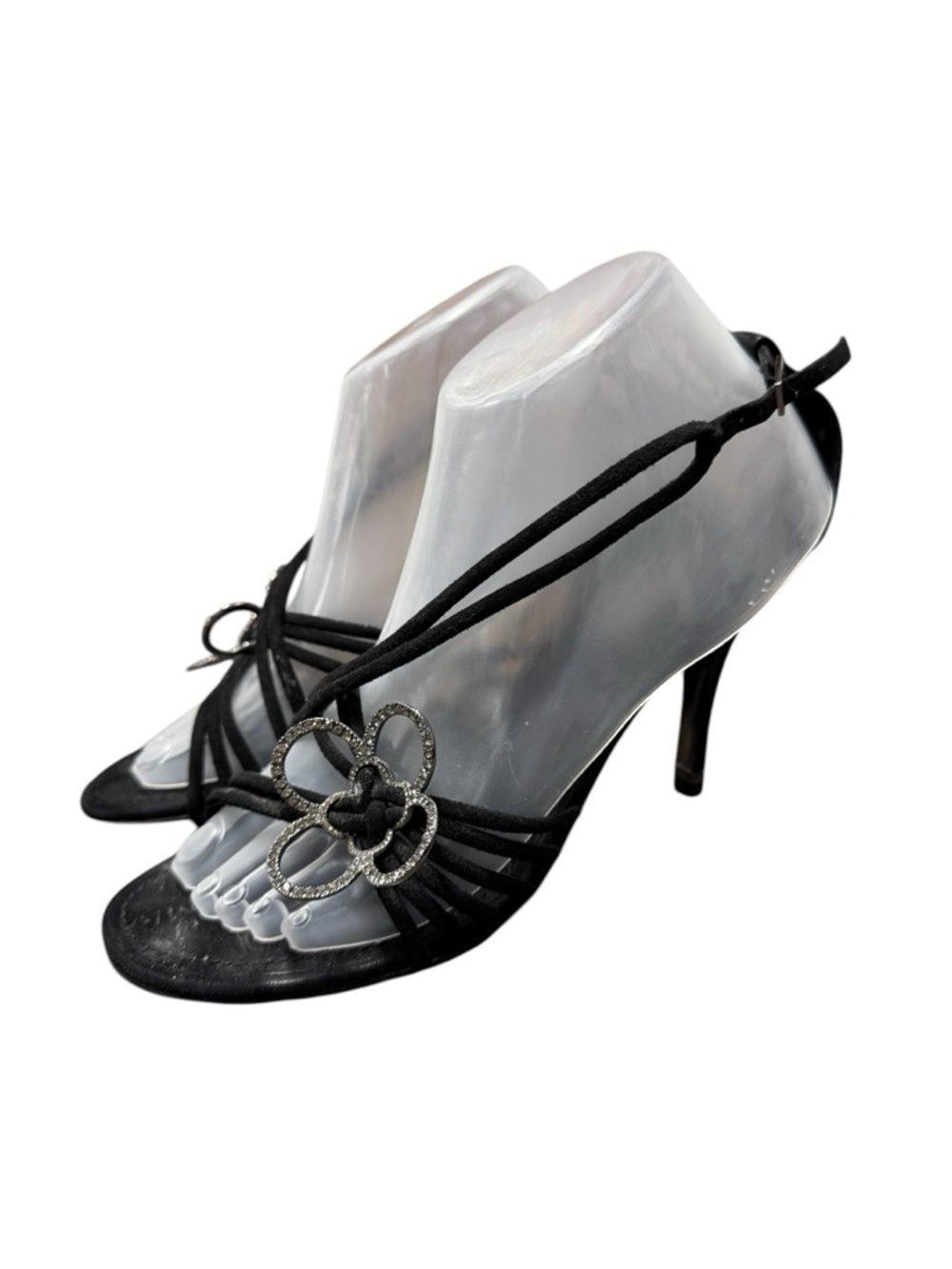 Louis Vuitton Suede Strappy Heels Pumps Crystal Embellished Sandals Black 38.5